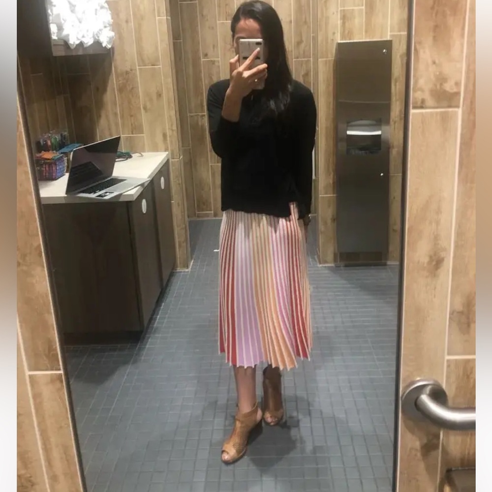 525 America Striped Pleated Midi Skirt in Pink, Orange & Red